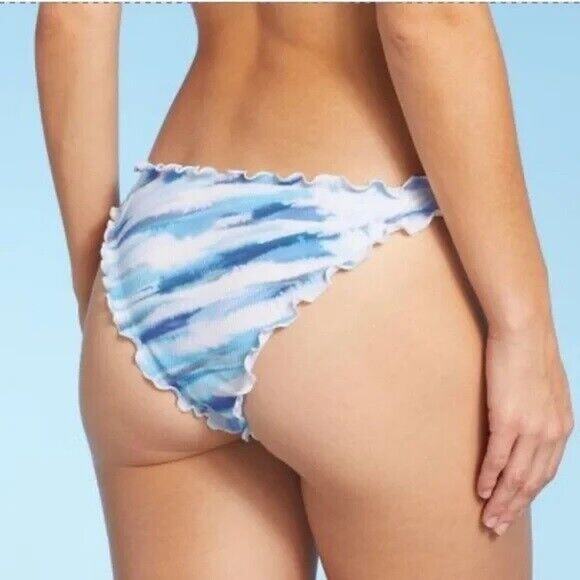 NEW Shade & Shore Ruffle High Leg Extra Cheeky Bikini Bottom Size M Blue Tie-Dye - Picture 2 of 9